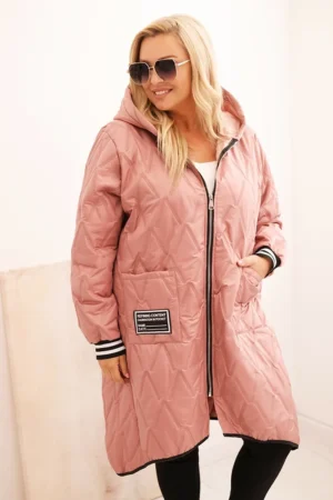 Moteriška Plus Size pamušalu striukė su gobtuvu ir sportinėmis rankogaliais tamsiai pudrinė rožinė
