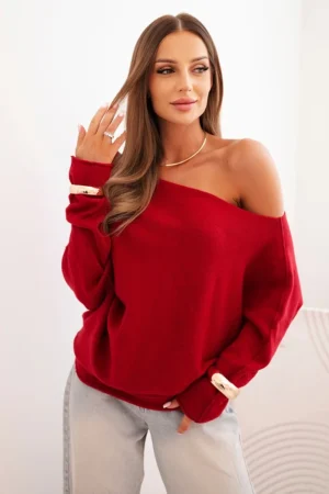 Moteriškas asimetrinis batwing tipo viskozės megztinis bordo