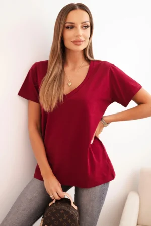 Moteriška medvilninė marškinė su V formos iškirpte ir trumpomis rankovėmis bordo
