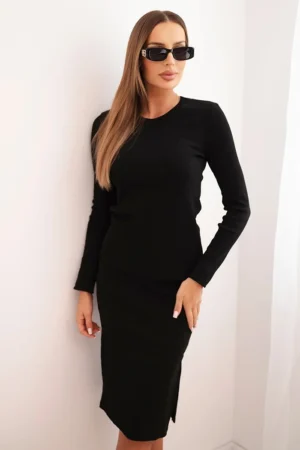 Moteriškas komplektas, medvilnė, juostuota palaidinė ir pieštuko sijonas juodas