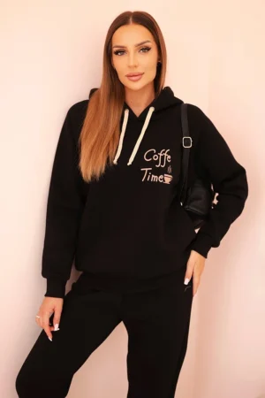 Moteriškas medvilninis šiltas komplektas su spauda juodas