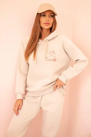 Moteriškas komplektas, medvilninis, šiltas su spauda, bežinis