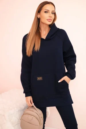 Moteriškas komplektas, medvilnė, džemperis su gobtuvu ir aukštu juosmeniu leggingai mėlynas