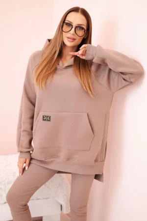 Moteriškas komplektas, medvilninė palaidinė su gobtuvu ir aukšto liemens legginsai fango