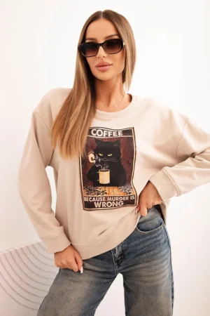 Moteriška medvilninė palaidinė su katės atvaizdu ir užrašu bežinė