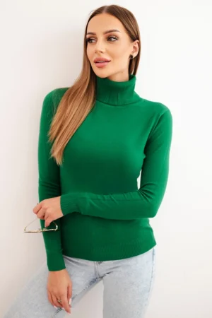 Moteriškas megztinis iš viskozės su aukštu kaklu ir ilgomis rankovėmis žalias