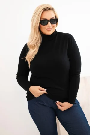 Moteriškas plus size viskozinis megztinis su klasikiniu apykaklė juodas
