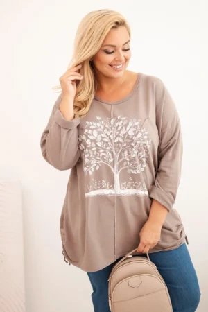 Moteriška Plus Size medvilninė bluzonė su medžio spauda fango