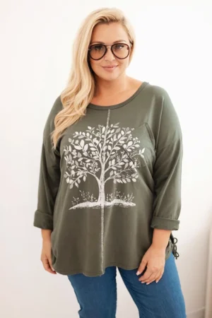 Moteriška Plus Size medvilninė bluzonė su medžio spauda khaki