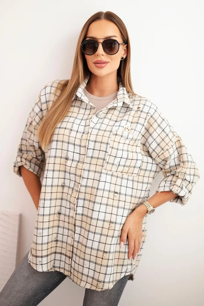 Moteriška medvilninė marškiniai su nusidėvėjimo efektu ruda