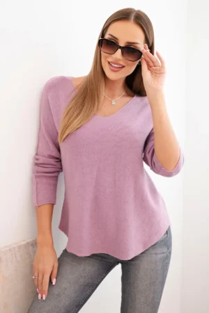 Moteriška megztinis su viskoze V-kaklu violetinis