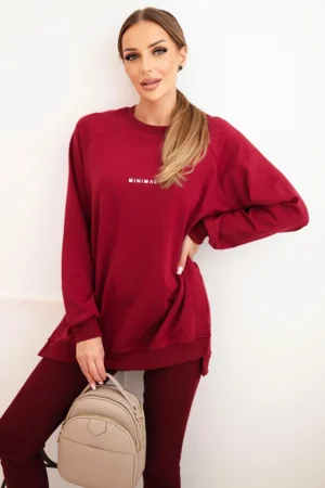 Moteriška komplektas, medvilnės džemperis ir leggingai su užrašu Minimal bordo