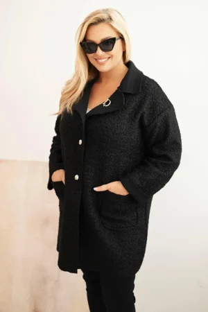 Moteriškas paltas Plus Size su avikailiu, vilna ir kišenėmis juodas