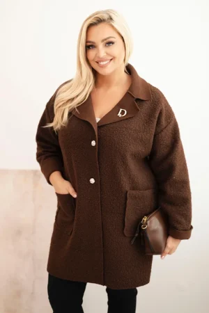 Moteriškas Plus Size paltas su vilna ir kišenėmis rudas