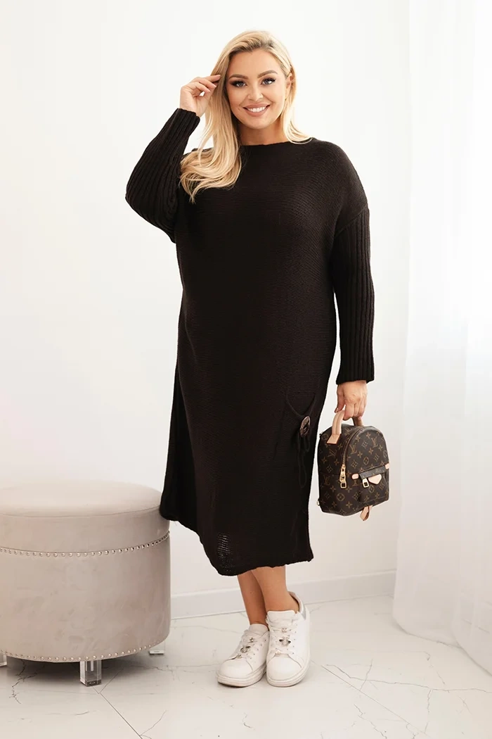Moteriška megztinė suknelė Plus Size su moheru oversize su kišene ruda - Image 2