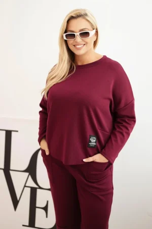 Moteriškas Plus Size komplektas sviestinis džemperis ir kelnės su kišenėmis slyvų