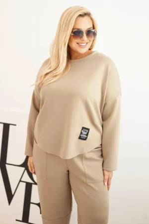 Moteriškas Plus Size komplektas su džemperiu ir kelnėmis su kišenėmis fango