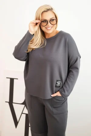 Moteriškas Plus Size komplektas su džemperiu ir kišenėmis grafito spalvos