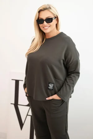 Moteriškas Plus Size komplektas, sviestukas, džemperis ir kelnės su kišenėmis, khaki