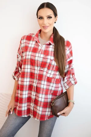 Moteriška medvilninė marškiniai su susidėvėjimo efektu raudona