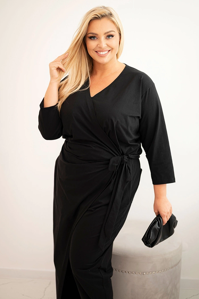Moteriškas medvilninis kombinezonas Plus Size su juosmens raiščiu ir 3/4 rankovėmis juodas - Image 2