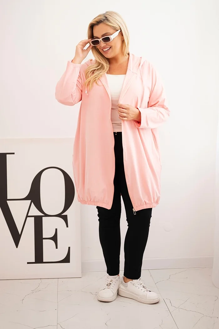 Moteriška plus size medvilninė džemperis su gobtuvu ir užtrauktuku pudros rožinė - Image 2