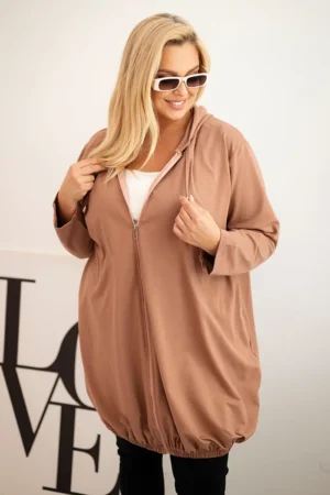 Moteriška Plus Size medvilninė džemperis su gobtuvu ir užtrauktuku cappuccino