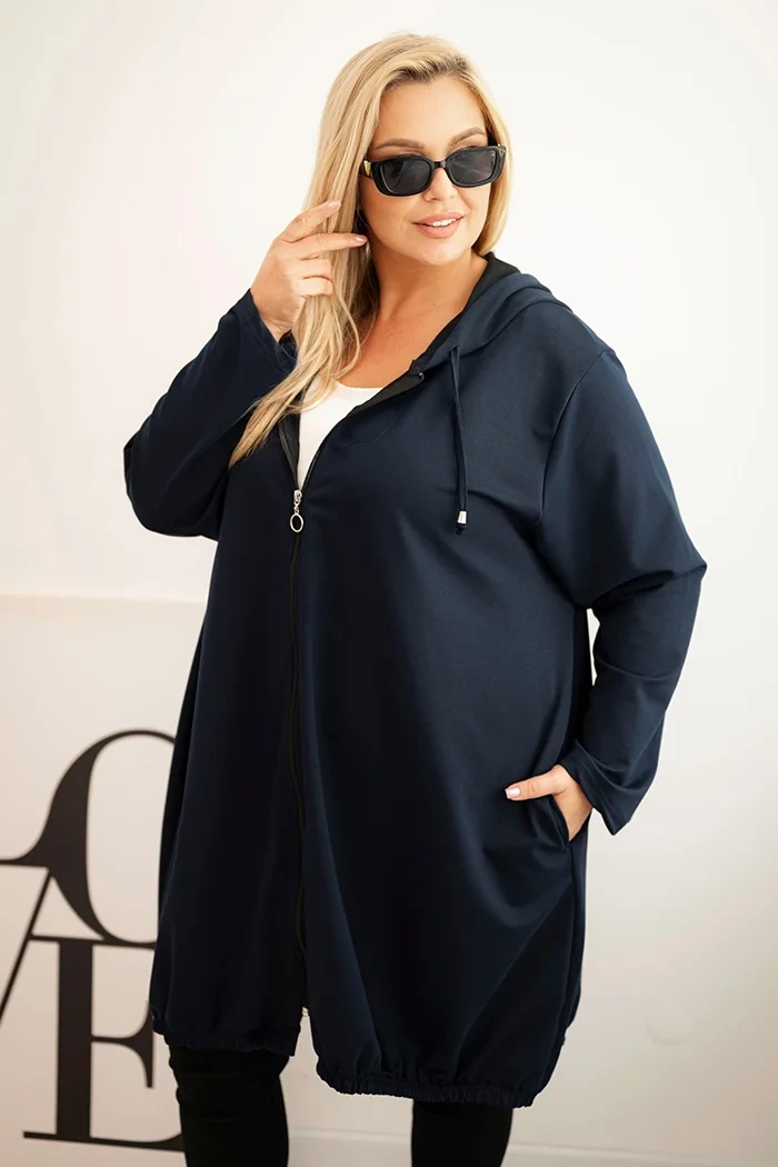 Moteriška Plus Size medvilninė džemperis su gobtuvu ir užtrauktuku mėlyna