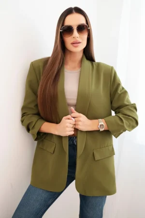 Švarkas su atvartais elegantiškas alyvuogių žalios spalvos