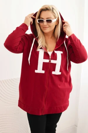 Moteriška Plus Size medvilninė džemperis su gobtuvu ir didžiąja raide H bordo