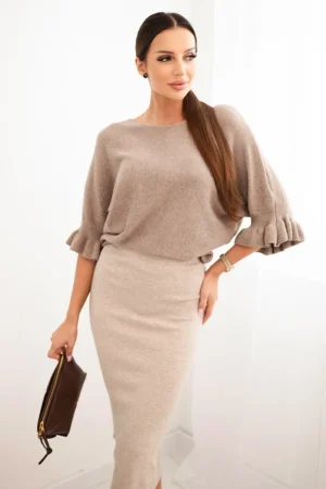 Moteriška vizkozė pieštuko sijonas su elastingu liemeniu tamsiai smėlinis