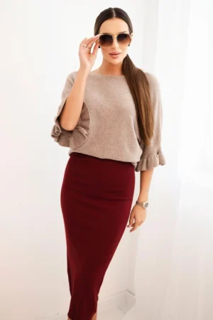 Moteriška viskozė pieštuko sijonas su elastinga juosmens dalimi bordo