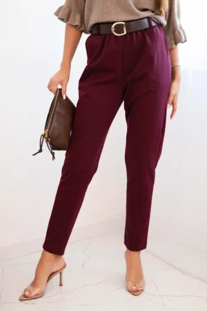 Moteriškos vizkozės kelnės su diržu ir siaurėjančiomis kojomis bordo