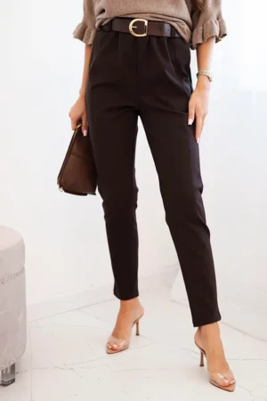 Moteriškos vizkozės kelnės su diržu ir siaurėjančiomis kojomis rudos