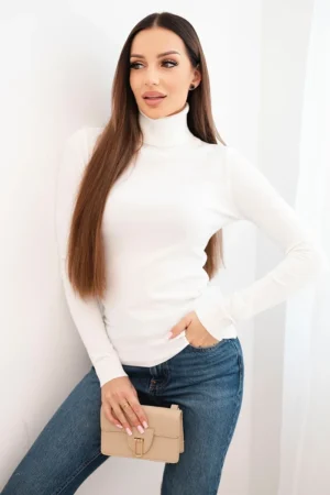 Moteriškas megztinis iš viskozės su apykakle ir ilgomis rankovėmis baltas