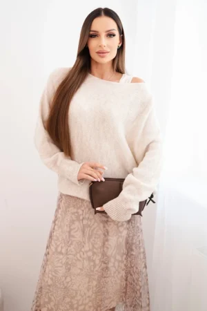 Moteriškas komplektas su vilnoniu megztiniu ir vizkozine suknele beige