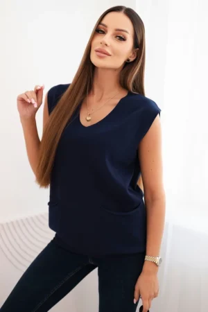 Moteriškas be rankovių, su kišenėmis ir V formos iškirpte, viskozės megztinis tamsiai mėlynas