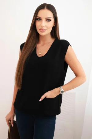 Moteriškas be rankovių, su kišenėmis ir V formos iškirpte, viskozės megztinis juodas