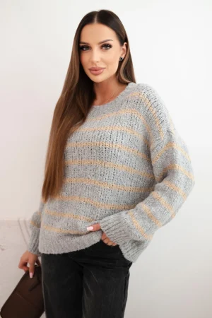 Moteriškas megztinis dryžuotas su vilna laisvo silueto pilkas
