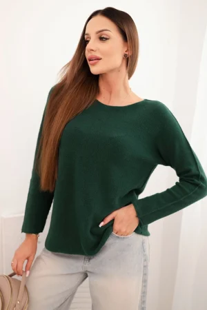 Moteriškas megztinis iš viskozės su ilgomis rankovėmis ir apvaliu iškirpimu tamsiai žalias